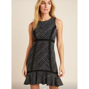 Anthropologie Tabitha Sleeveless Knit Woven Geometric Flounce Black Dress 6